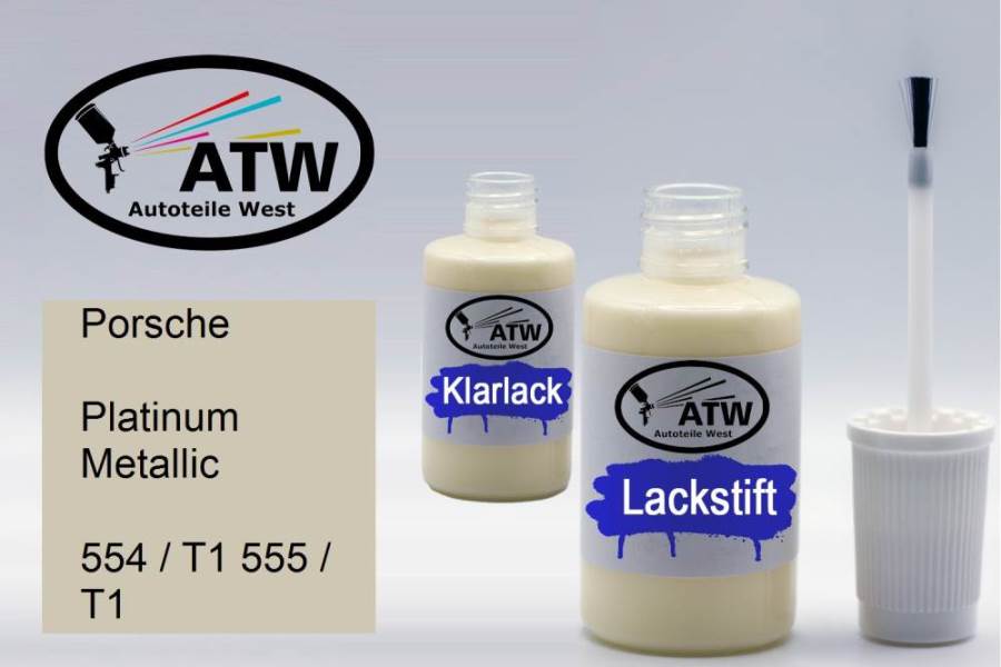 Porsche, Platinum Metallic, 554 / T1 555 / T1: 20ml Lackstift + 20ml Klarlack - Set, von ATW Autoteile West.